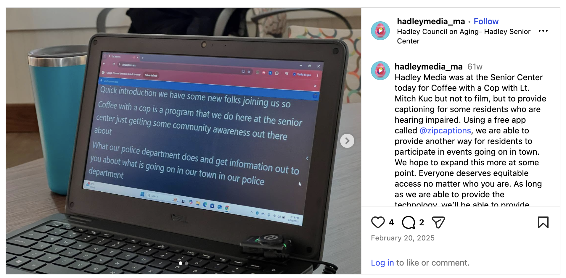Configuration Zip Captions sur ordinateur portable par Hadley Media au centre pour aînés